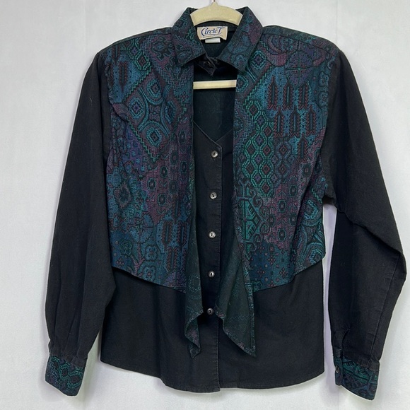 Vintage Circle T Western Cowgirl Button Black and Teal Patterned Tie Front Shirt - Picture 4 of 14